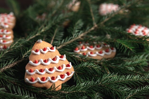 Vuren takken, koekjes vormige kerstboom op een donkere houten achtergrond. concept van nieuwe jaarviering met kopie ruimte