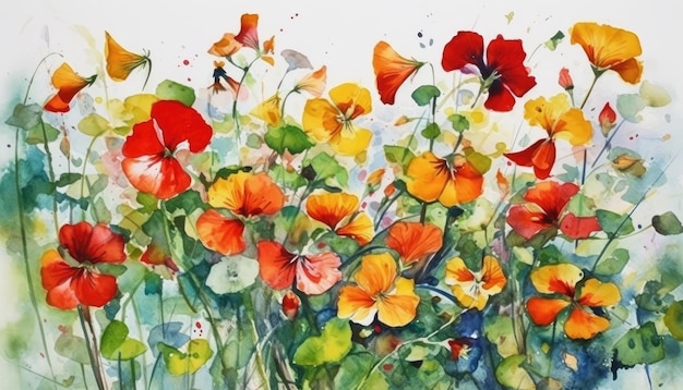 Vurig rood Nasturtium boeket op witte achtergrond in moderne aquarelstijl Perfect voor uitnodigingen en posters Generatieve AI