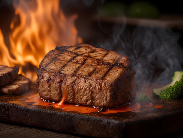 Vurige 2 cm hoge seitan steak gegrild op een rustieke grill Gegenereerde ai