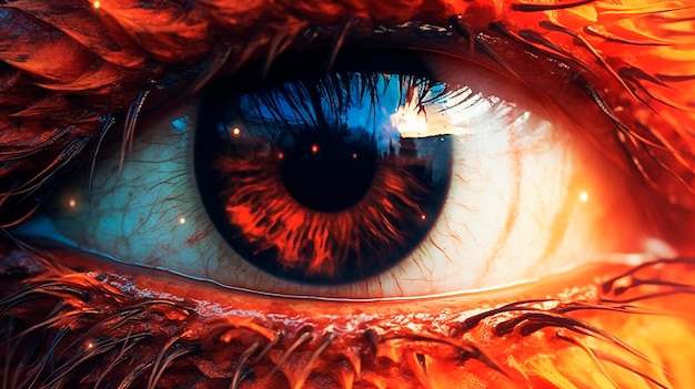 Vurige blik close-up van oog met vuurbal Iris generatieve AI