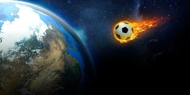 Vurige voetbal die met snelheid barst, botst met planeet Aarde