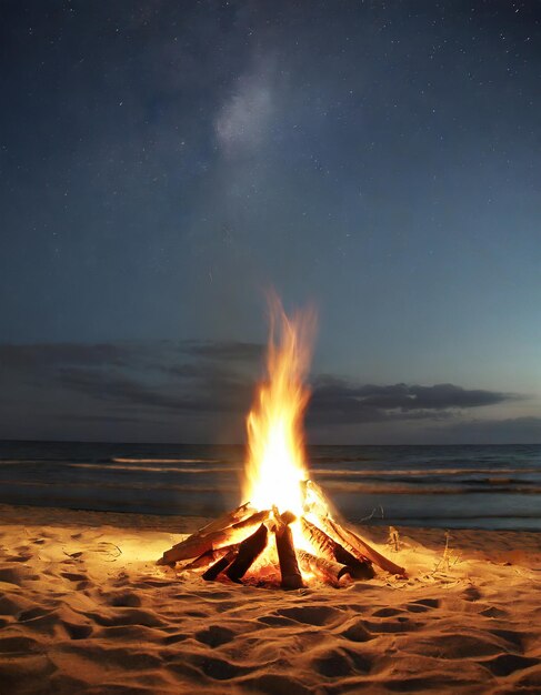 Foto vuur op het strand zand onder het maanlicht