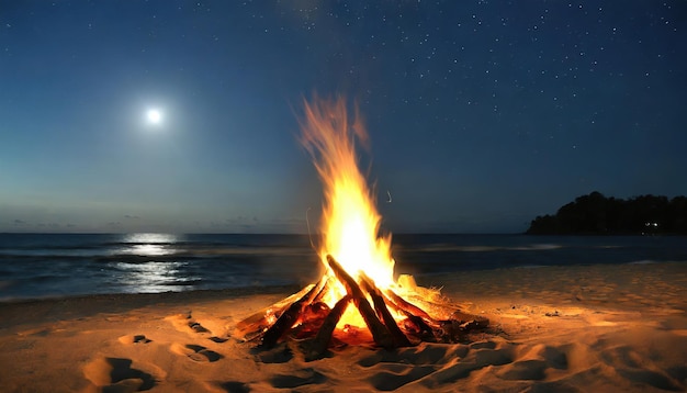 Foto vuur op het strand zand onder het maanlicht