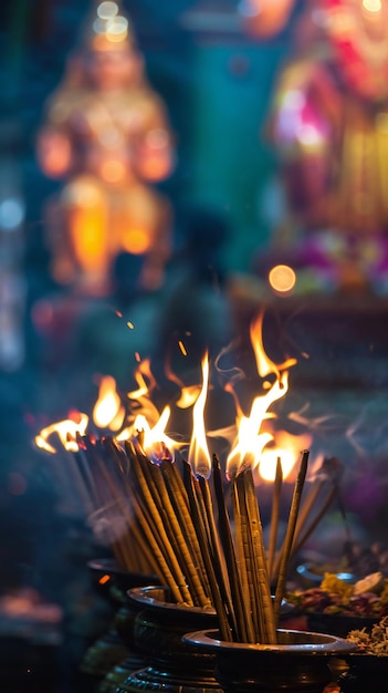 Vuurende wierookstokken verlichten een geestelijk heiligdom