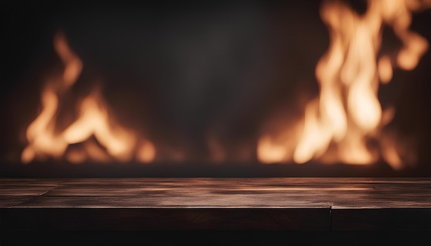 Vuurige achtergrond met lege zwarte houten tafel