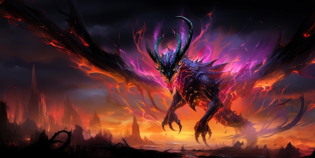 Vuurige demon Mystiek monster in vuur op donkere achtergrond