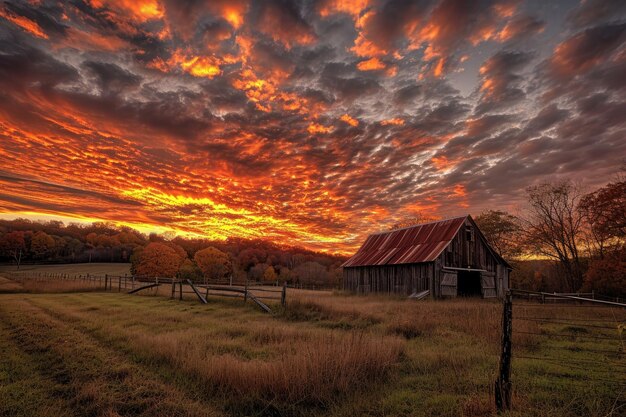 Vuurige herfstzonondergang over een landelijk landschap