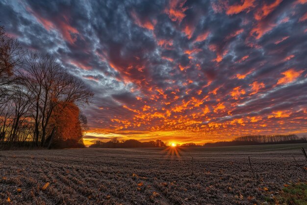 Vuurige herfstzonondergang over een landelijk landschap