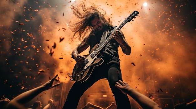 Vuurige podium heavy metal gitarist shredding met headbang fans wild
