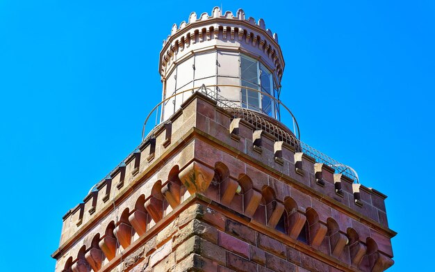 Vuurtoren bij de kust van de Baai van de Atlantische Oceaan bij Sandy Hook. Vuurtorentoren heet US Navesink Twin Lights. Het is in Highlands in Monmouth County in New Jersey, VS. Blauwe hemelachtergrond