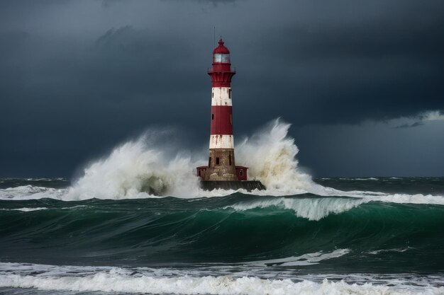 Foto vuurtoren die stormachtige zeeën doorstaan in de schemering