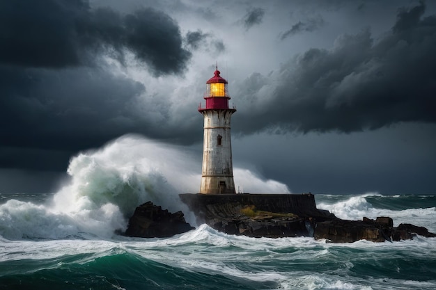 Vuurtoren die stormachtige zeeën doorstaan in de schemering