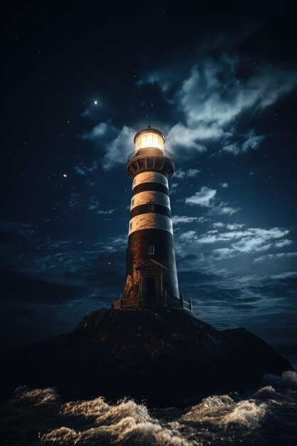 Foto vuurtoren en stormachtige zeeën's nachts gemaakt met behulp van generatieve ai-technologie