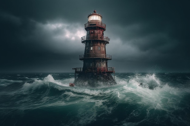 Vuurtoren in de stormachtige zee met een bewolkte hemel.