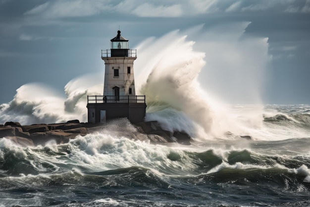 Vuurtoren met uitzicht op de golven van de oceaan die tegen de kust beuken