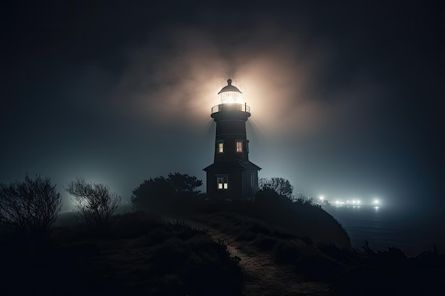 Vuurtoren op een mistige nacht omringd door mist en duisternis