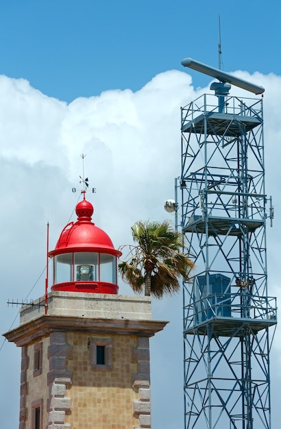 Vuurtorentop op de hemelachtergrond (kaap Ponta da Piedade, Lagos, Algarve, Portugal).