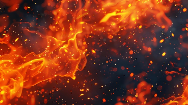 Vuurvlammen en vonken geïllustreerd in 3D op donkere achtergrond