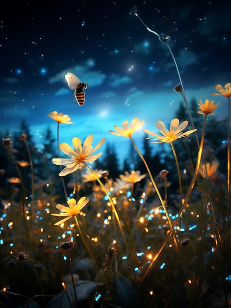 Vuurvliegjes zweven over een veld van wilde bloemen Magische kleur Hyper realistische illustratie Foto kunst
