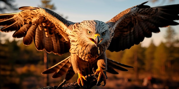 vuurvogel die tegen de achtergrond van het vuur van de zonsondergang vliegt