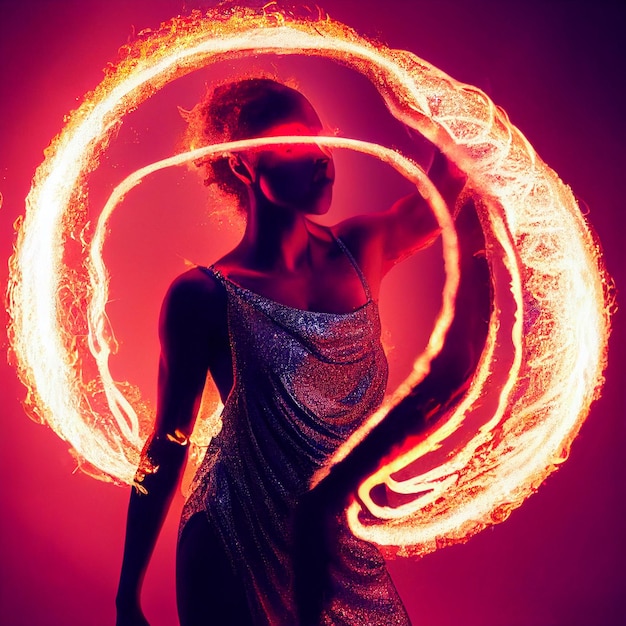 Vuurvoorstelling toont vrouwelijke artiest die danst met vuur