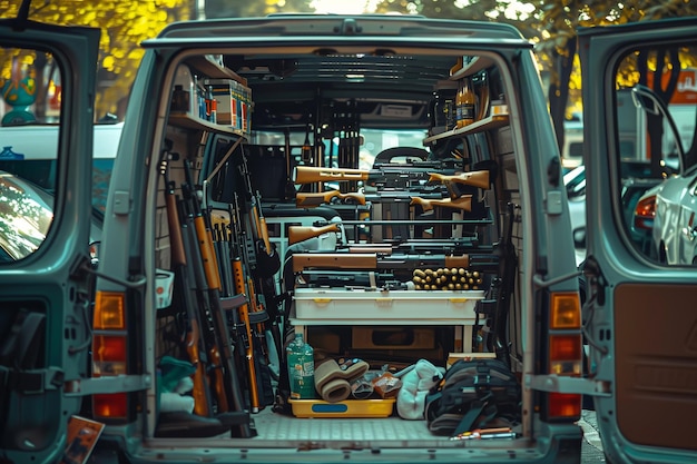 Vuurwapens verkocht uit een oude minivan op een stadsstraat.