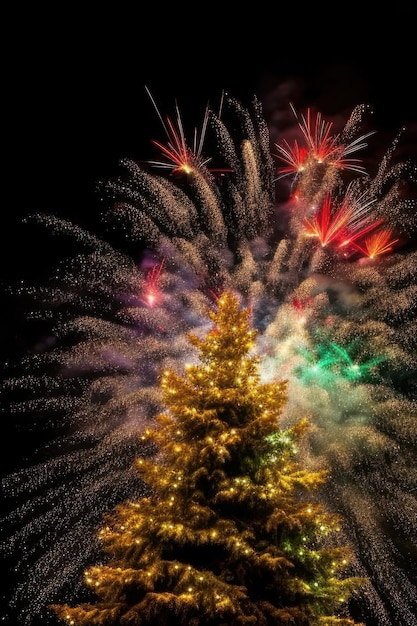 Vuurwerk achter een kerstboom