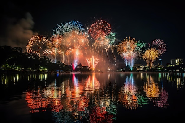 Vuurwerk boven het water tijdens de nieuwjaarsviering