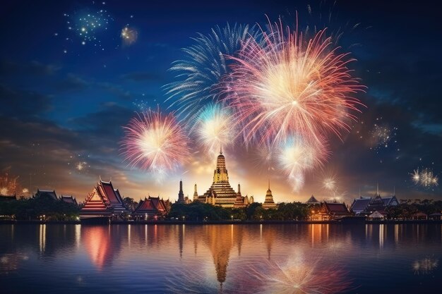 Vuurwerk boven Wat Arun-tempel bangkok thailand Mooie vuurwerkshow voor feest met vervaging bokeh licht over Phra Nakhon Khiri AI gegenereerd