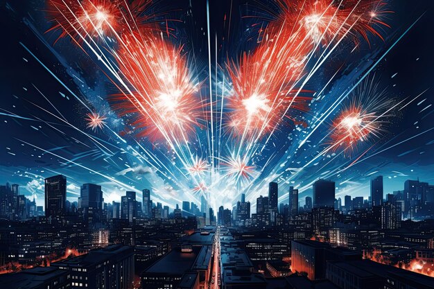 Vuurwerk City Night 4 juli Amerikaanse feesthemel AI gegenereerd