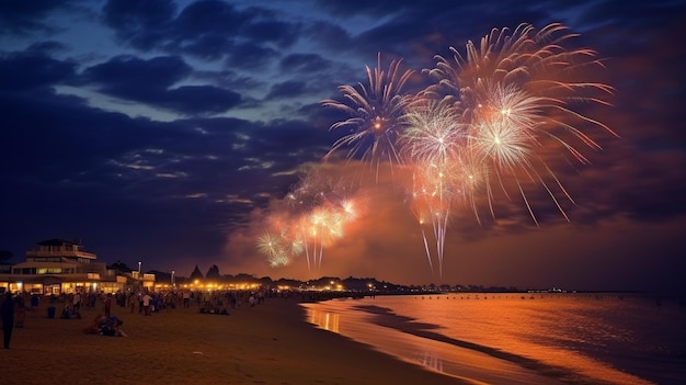 Vuurwerk fotograferen op het strand op zee en op oudejaarsavond GENERATE AI