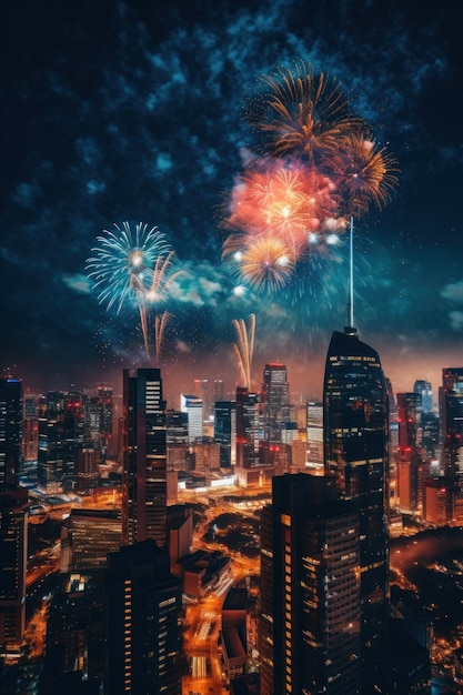 Vuurwerk in de lucht boven een stad 's nachts Generatief AI-beeld