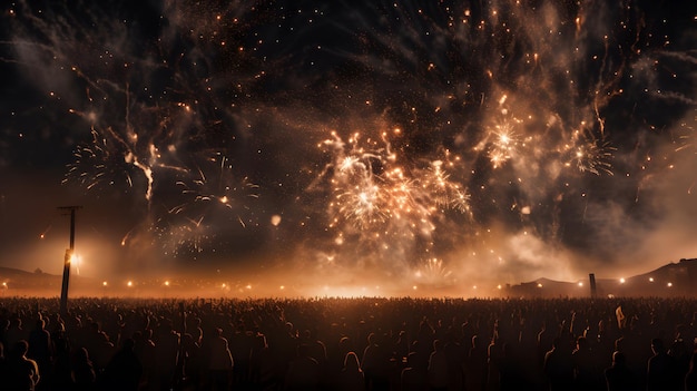 Vuurwerk in de nachtelijke hemel met een menigte mensen op de achtergrond