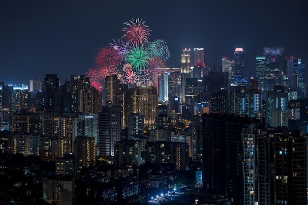 Vuurwerk in het verlichte stadsbeeld's nachts