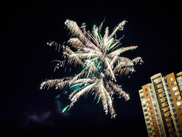 Vuurwerk in roze op zwarte nachtelijke hemel