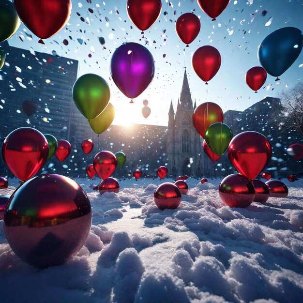 Foto vuurwerk kerstmis nieuwjaar 2024 sneeuwwintersantamulti ballons koppelsromance25 december