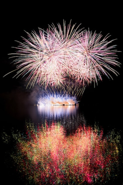 Vuurwerk. Mooi kleurrijk vuurwerk op het wateroppervlak met een schone zwarte achtergrond. Leuk festival en wedstrijd van Brandweer Brno Dam - Tsjechië.