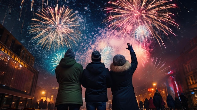 Vuurwerk ontploffing in de nachtelijke hemel vieren gelukkig nieuwjaar 2024 Nationaal vuurwerk schieten in de prachtige hemel voor een nieuwjaarsdag van het jaar 2024