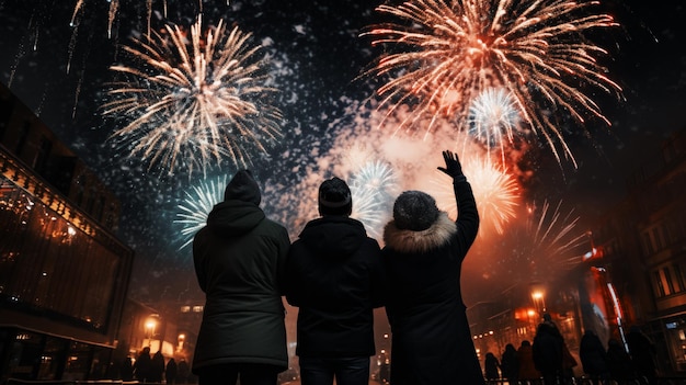 Vuurwerk ontploffing in de nachtelijke hemel vieren gelukkig nieuwjaar 2024