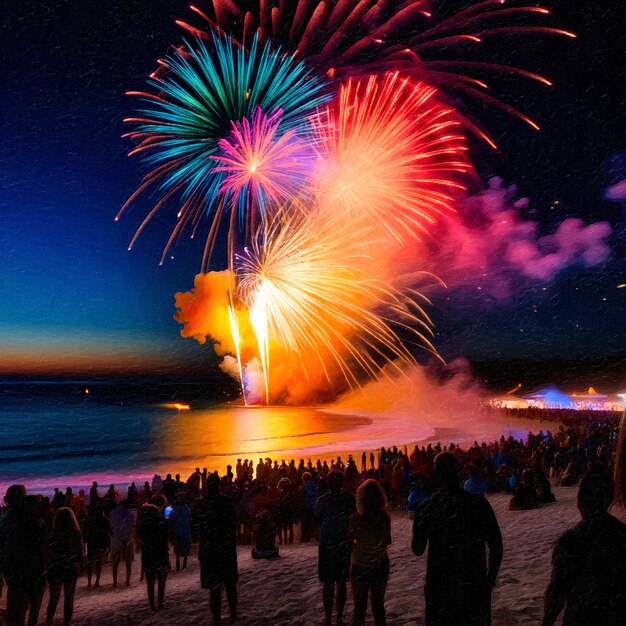 Foto vuurwerk op het strand met mensen die naar de kleurrijke achtergrond kijken