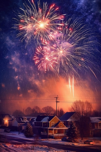 Vuurwerk op oudejaarsavond dat de nachtelijke hemel verlicht, gecreëerd met generatieve AI