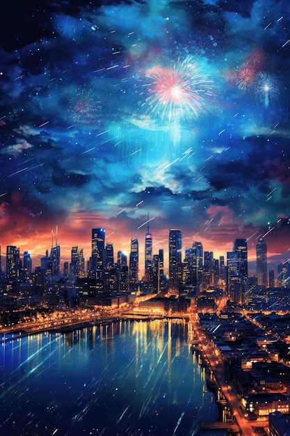 Vuurwerk verlicht de nachtelijke hemel boven een met generatieve AI gecreëerde skyline van een stad