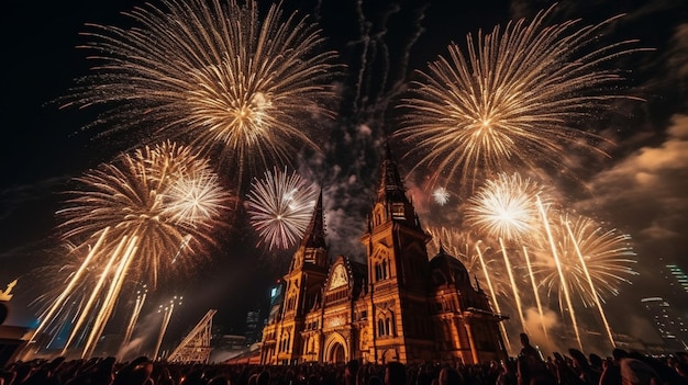 Vuurwerk voor een kerk met een klokkentoren op de achtergrond