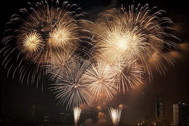 Vuurwerk wordt aangestoken in de lucht boven een stad.