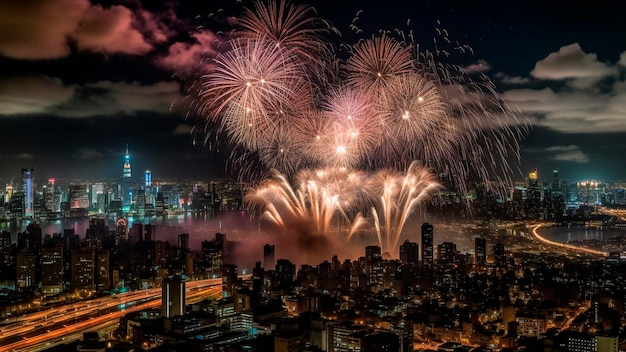 Vuurwerk wordt 's nachts verlicht voor de skyline van een stad.