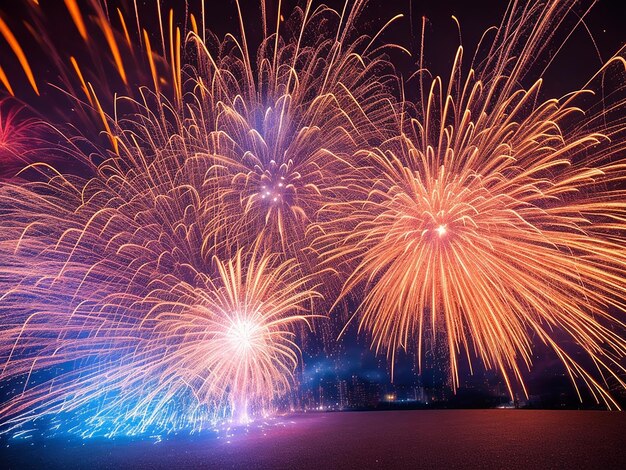 Vuurwerkbuien van hete gloeiende vonken van het spinnen van staalwol in de nachtelijke stad