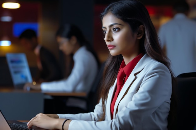 Waarderende jonge Indiase zakenvrouw met laptop die duimen omhoog doet