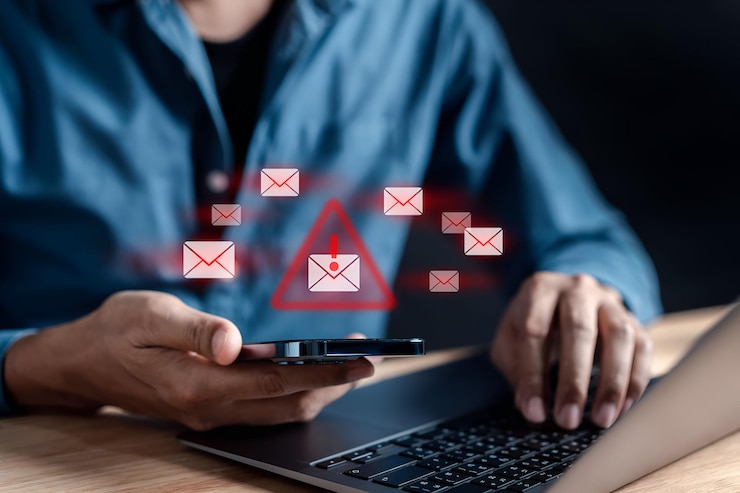 Foto waarschuw e-mail inbox en spam virus met waarschuwing voorzichtigheid voor kennisgeving op internet brief beveiliging beschermen junk en trash mail en gecompromitteerde informatie