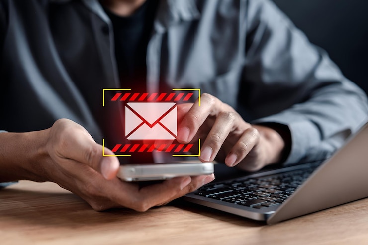 Foto waarschuw e-mail inbox en spam virus met waarschuwing voorzichtigheid voor kennisgeving op internet brief beveiliging beschermen junk en trash mail en gecompromitteerde informatie
