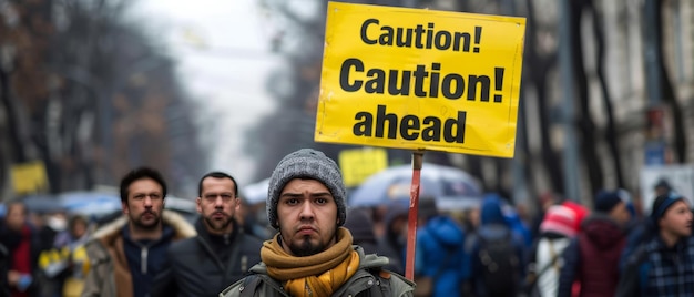 Waarschuwing Anti-regeringsdemonstrant in Sofia Bulgarije houdt waarschuwingsbord voor corruptie op